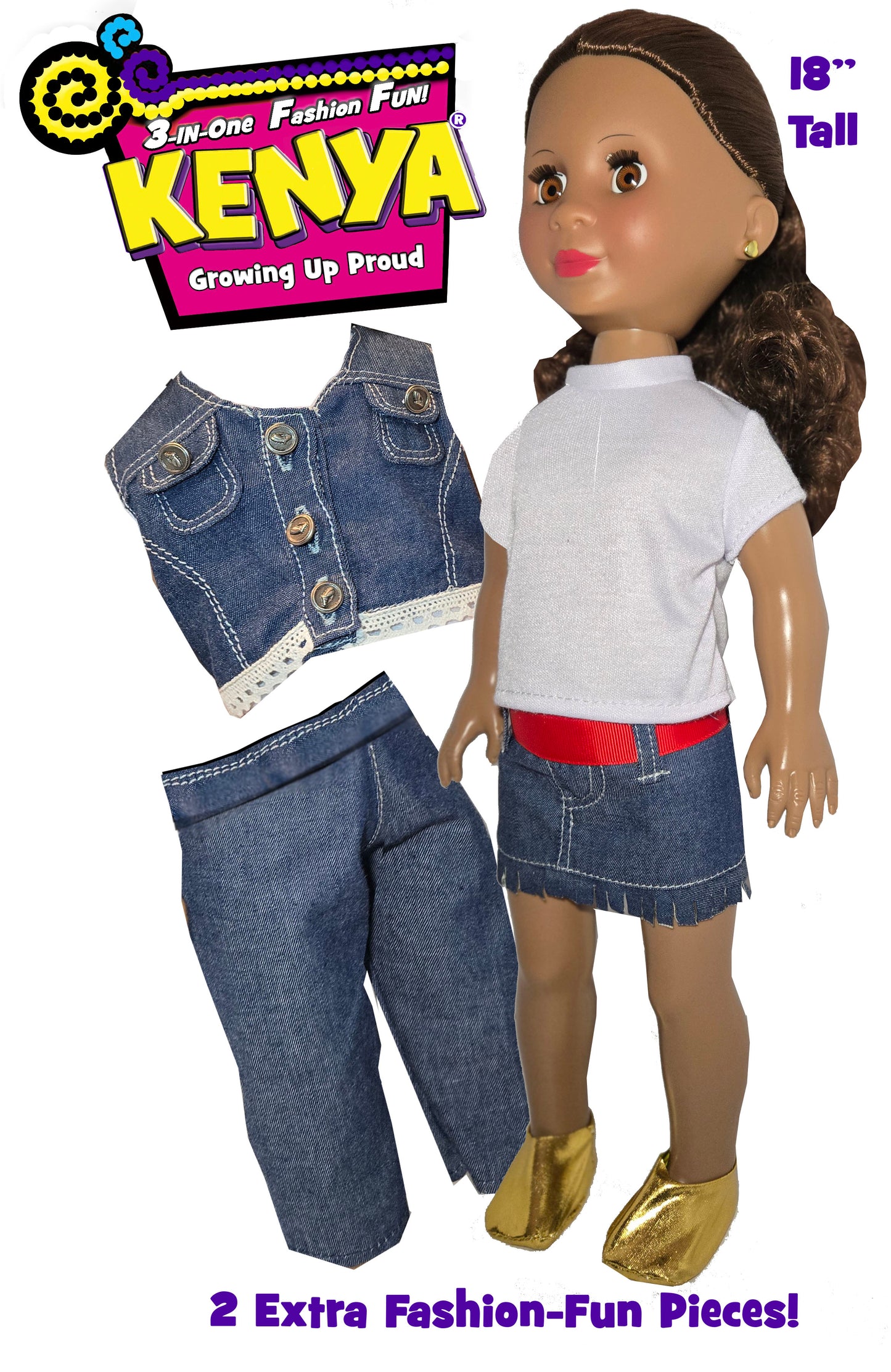 18" Pose-able  Kenya Dolls. with multiple Outfits.