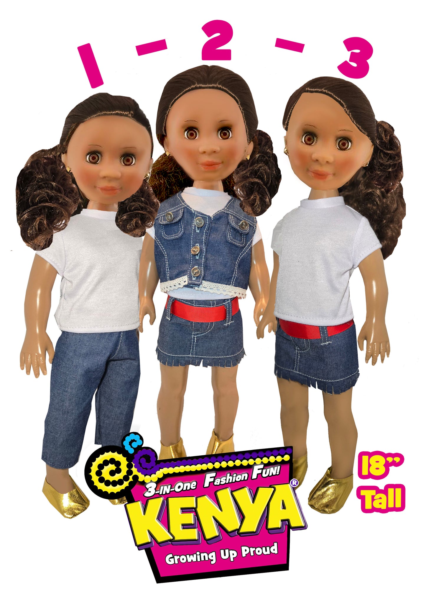 18" Pose-able  Kenya Dolls. with multiple Outfits.