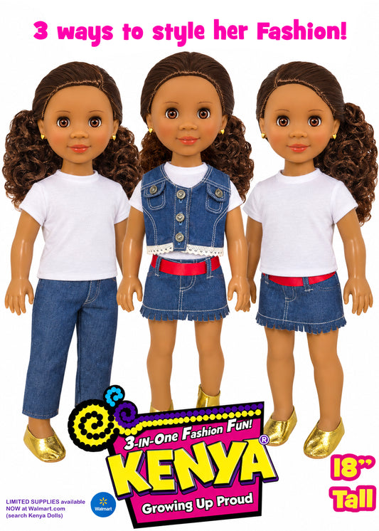 18" Pose-able  Kenya Dolls. with multiple Outfits.