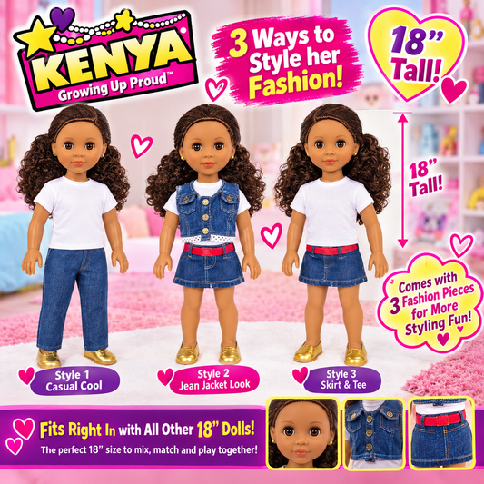 18" Pose-able  Kenya Dolls. with multiple Outfits.